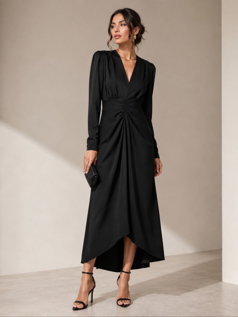 Mango Ruched Black Long Sleeve Dress